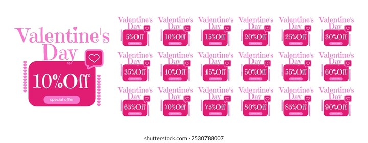 Set of discount labels. 5, 10, 15, 20, 25, 30, 35, 40, 45, 50, 55, 60, 65, 70, 75, 80, 85, 90 percent off. Valentine's Day sale. Special offer. Hearts. Light pink, dark pink and white.