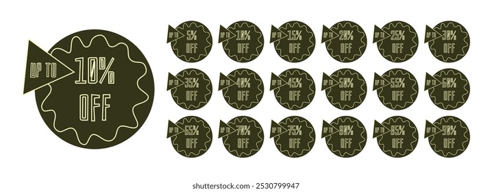 Set of discount labels. Up to 5, 10, 15, 20, 25, 30, 35, 40, 45, 50, 55, 60, 65, 70, 75, 80, 85, 90 percent off written in yellow on a brown circle with an organic shape around it.