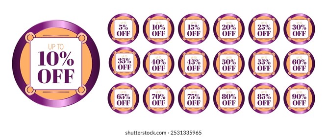 Set of discount labels. Up to 5, 10, 15, 20, 25, 30, 35, 40, 45, 50, 55, 60, 65, 70, 75, 80, 85, 90 percent off written on a note attached to an orange and purple metallic disc.