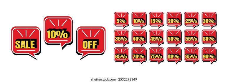 Set of discount labels. 5, 10, 15, 20, 25, 30, 35, 40, 45, 50, 55, 60, 65, 70, 75, 80, 85, 90 percent off. Sale. Three speech bubbles in red and yellow colors.