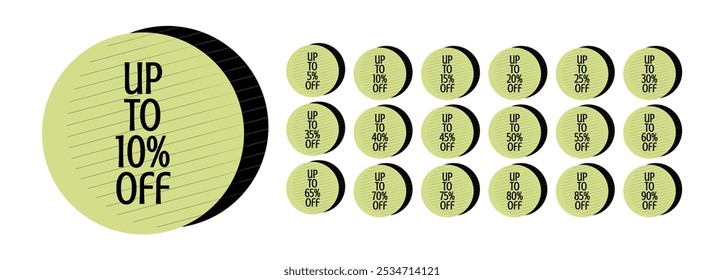 Set of discount labels. Up to 5, 10, 15, 20, 25, 30, 35, 40, 45, 50, 55, 60, 65, 70, 75, 80, 85, 90 percent off. Two overlapping circles with lines over them.