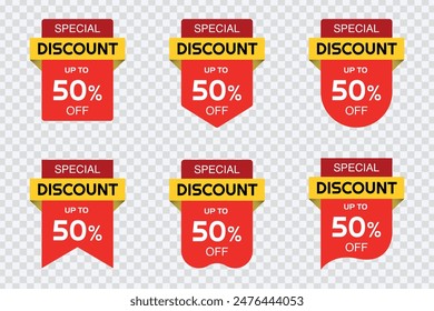 "Set of discount labels: 50% off sale banners and special offer tag stickers. Vector design."