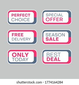 Set of discount labels to attract customers' attention. Timeless easy-to-read design. Also suitable for web page ads, tags, discount offer price labels, badges, coupons, flyers etc.
