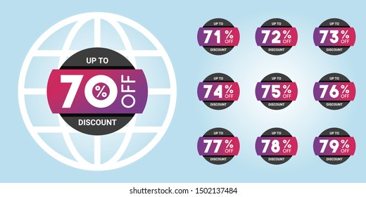 Set of discount labels in beautiful color gradients. Vector discount tags collection with percent set. 70% off, 71, 72, 73, 74, 75, 76, 77, 78, 79 percent sale label symbols.