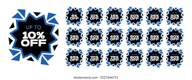 Set of discount labels in black and blue. Explosion of offers. Up to 5, 10, 15, 20, 25, 30, 35, 40, 45, 50, 55, 60, 65, 70, 75, 80, 85, 90 percent off. Star with triangles around.