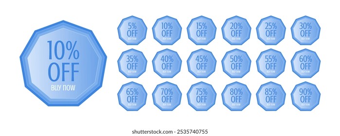 Set of discount labels in blue enneagon shape. 5, 10, 15, 20, 25, 30, 35, 40, 45, 50, 55, 60, 65, 70, 75, 80, 85, 90 percent off. Buy now.