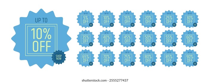 Set of discount labels in blue floral shape, green squares around the percentage. Up to 5, 10, 15, 20, 25, 30, 35, 40, 45, 50, 55, 60, 65, 70, 75, 80, 85, 90 percent off. Shop now.