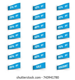 Set of discount labels. Blue ribbon or strip for design promote branding, advertising. Vector illustration.