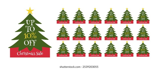 Set of discount labels in Christmas tree shape. Christmas sale. Up to 5, 10, 15, 20, 25, 30, 35, 40, 45, 50, 55, 60, 65, 70, 75, 80, 85, 90 percent off.