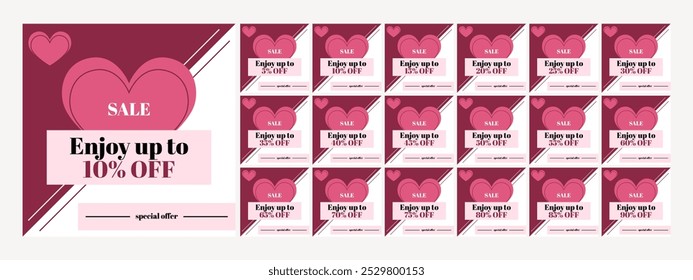 Set of discount labels. Enjoy up to 5, 10, 15, 20, 25, 30, 35, 40, 45, 50, 55, 60, 65, 70, 75, 80, 85, 90 percent off. Sale. Special offer. Hearts. Wine, pink and white color.