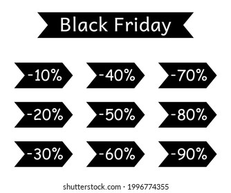 Set of discount labels in the form of arrows. Black Friday sale promotion web banner heading design. Sale Discount Sign from 10 to 90 percent. Isolated on a white background. Vector stock illustration