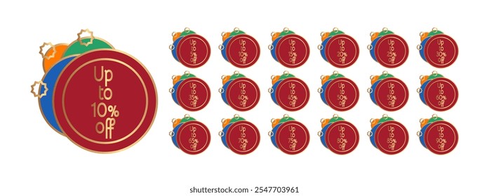 Set of discount labels in the form of colored circles with golden outline, golden stars. Up to 5, 10, 15, 20, 25, 30, 35, 40, 45, 50, 55, 60, 65, 70, 75, 80, 85, 90 percent off.