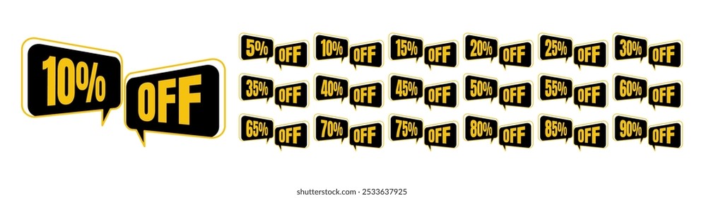 Set of discount labels in the form of speech bubbles. 5, 10, 15, 20, 25, 30, 35, 40, 45, 50, 55, 60, 65, 70, 75, 80, 85, 90 percent off.