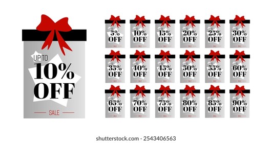 Set of discount labels in gift box shape. Up to 5, 10, 15, 20, 25, 30, 35, 40, 45, 50, 55, 60, 65, 70, 75, 80, 85, 90 percent off sale.