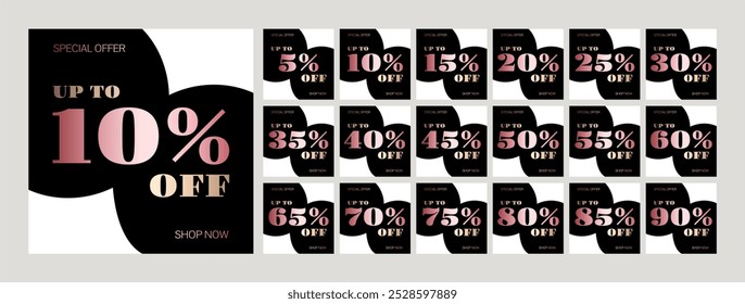 Set of discount labels with metallic effect. Up to 5, 10, 15, 20, 25, 30, 35, 40, 45, 50, 55, 60, 65, 70, 75, 80, 85, 90 percent off. Special offer. Shop now.