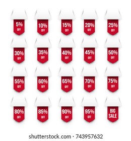 Set of discount labels. Red ribbon or strip for design promote branding, advertising. Vector illustration.