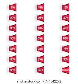 Set of discount labels. Red ribbon or strip for design promote branding, advertising. Vector illustration.6