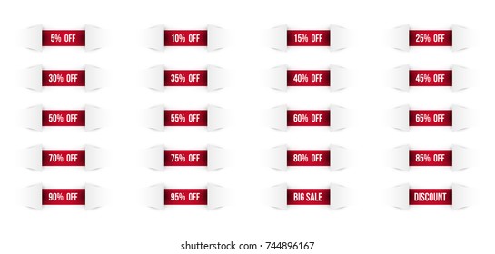 Set of discount labels. Red ribbon or strip for design promote branding, advertising. Vector illustration.
