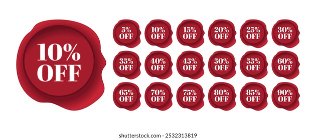 Set of discount labels. Red wax seal. 5, 10, 15, 20, 25, 30, 35, 40, 45, 50, 55, 60, 65, 70, 75, 80, 85, 90 percent off.