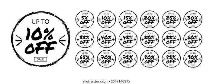 Conjunto de rótulos de desconto em forma de círculo rabiscado. Até 5, 10, 15, 20, 25, 30, 35, 40, 45, 50, 55, 60, 65, 70, 75, 80, 85, 90% de desconto na venda.