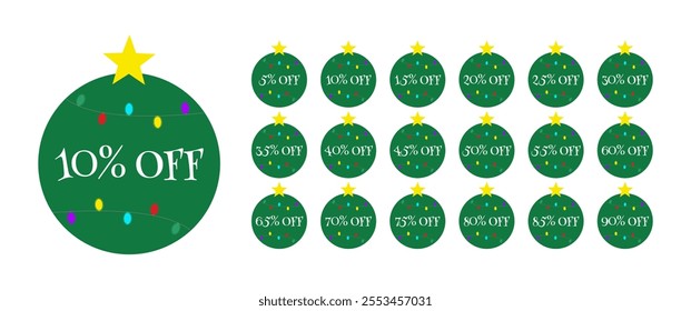 Set of discount labels in the shape of Christmas balls with colored lights and a star on top. Christmas offer. 5, 10, 15, 20, 25, 30, 35, 40, 45, 50, 55, 60, 65, 70, 75, 80, 85, 90 percent off.