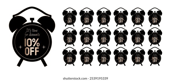 Set of discount labels in the shape of a clock saying it's time for discounts. 5, 10, 15, 20, 25, 30, 35, 40, 45, 50, 55, 60, 65, 70, 75, 80, 85, 90 percent off.