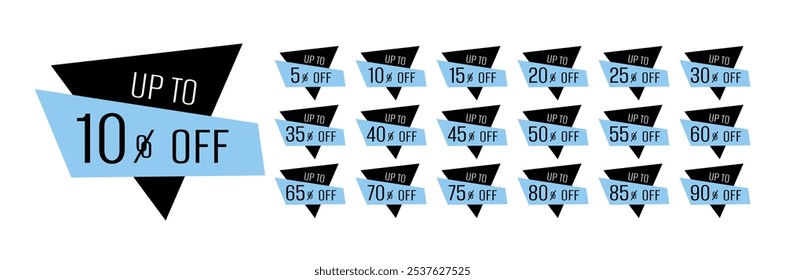 Conjunto de rótulos de desconto na forma de um triângulo irregular e retângulo em cores pretas e azuis. Até 5, 10, 15, 20, 25, 30, 35, 40, 45, 50, 55, 60, 65, 70, 75, 80, 85, 90 por cento de desconto.