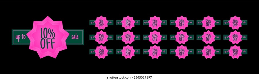 Set of discount labels in the shape of a pink flower, green rectangle behind. Up to 5, 10, 15, 20, 25, 30, 35, 40, 45, 50, 55, 60, 65, 70, 75, 80, 85, 90 percent off. Sale.