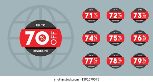 Set of discount labels. Vector discount tags collection with percent set. 70% off, 71, 72, 73, 74, 75, 77, 78, 79 percent sale label symbols.