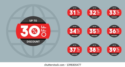 Set of discount labels. Vector discount tags collection with percent set. 30% off, 31, 32, 33, 34, 35, 36, 37, 38, 39 percent sale label symbols.	
