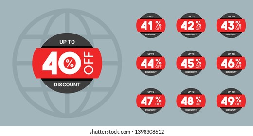 Set of discount labels. Vector discount tags collection with percent set. 40% off, 41, 42, 43, 44, 45, 46, 47, 48, 49 percent sale label symbols.