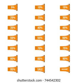 Set of discount labels. Yellow ribbon or strip for design promote branding, advertising. Vector illustration.