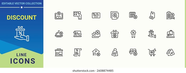 Set of Discount line icon. Contains related to shop, coupon, commerce, off, payment, business and more. Vector icons collection. Coupon icon set. Editable vector stroke.