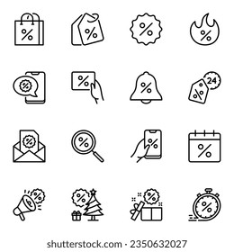 set of discount line icons. coupon, sell, special, offer, price, promotion, purchase, campaign, payment, sticker, tag, retail, marketing	