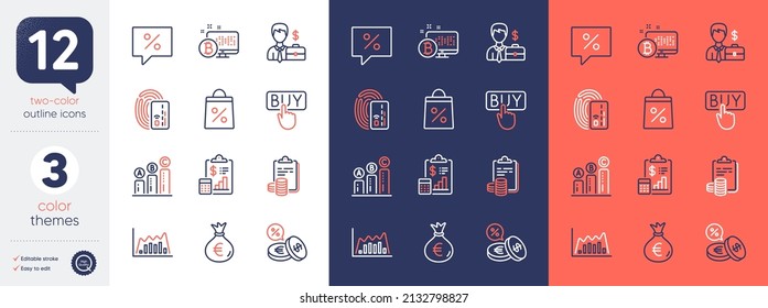 Set of Discount message, Bitcoin system and Buying line icons. Include Infographic graph, Card, Businessman case icons. Report, Accounting, Graph chart web elements. Money bag. Vector