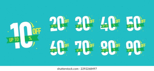 Set von Discount-Zahlen mit Konfetti-Vektor. Preis für Design-Kollektion. 10 %, 20 %, 30 %, 40 %, 50 %, 60 %, 70 %, 80 %, 90 %, Prozent. Rabattwerbung, Badge-Form.
