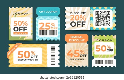 Set of discount offer coupons.Gift vouchers,sale tickets template with cutting dashed lines,qr code.Shopping savings promotion coupon.Design for web,social media,business promo,online purchases.Vector