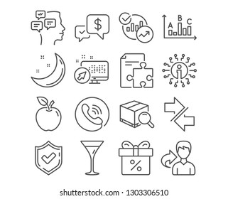 Set of Discount offer, Synchronize and Statistics icons. Messages, Strategy and Search package signs. Survey results, Payment received and Martini glass symbols. Vector