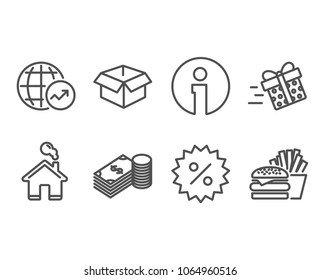Set of Discount, Opened box and Savings icons. Present delivery, World statistics and Burger signs. Special offer, Shipping parcel, Finance currency. Shopping service, Global report, Cheeseburger