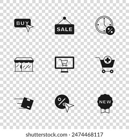 Set Discount percent tag, Add to Shopping cart, Price with New, on monitor, Clock and discount, Buy button, Hanging sign text Sale and Market store icon. Vector