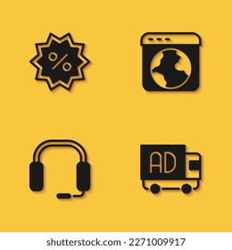 Set Discount percent tag, Advertising on truck, Headphones and Worldwide icon with long shadow. Vector