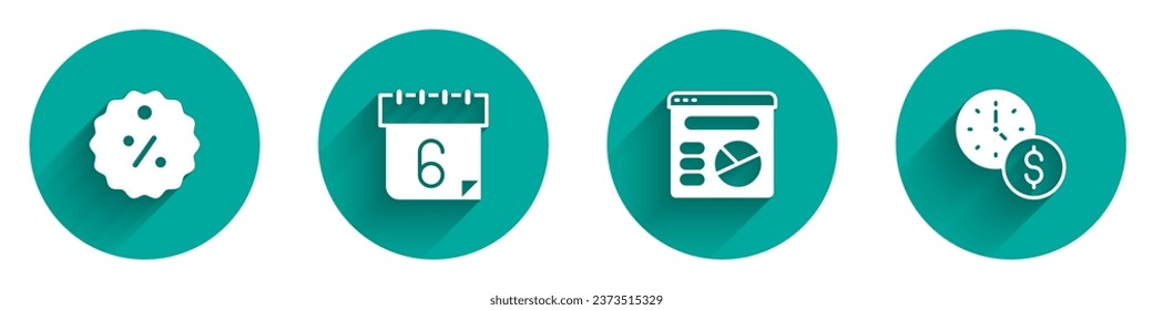 Set Discount percent tag, Calendar, Pie chart infographic and Time money icon with long shadow. Vector