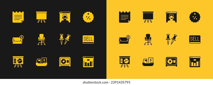 Set Discount percent tag, Cargo ship with boxes delivery, Push pin, Safe, Office chair, Telephone 24 hours support, Notebook and Chalkboard icon. Vector