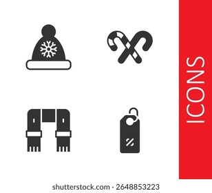 Set Discount percent tag, Christmas Santa Claus hat, Winter scarf and Candy cane with stripes icon. Vector