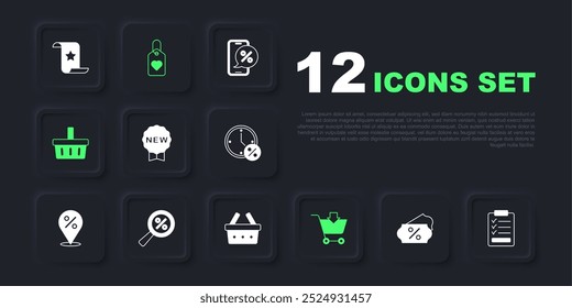 Set Discount percent tag, Clipboard with checklist, Price New, Add to Shopping cart, basket, Magnifying glass, Heart and  icon. Vector