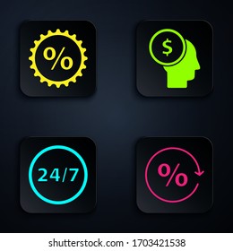 Set Discount percent tag, Discount percent tag, Clock 24 hours and Business man planning mind. Black square button. Vector