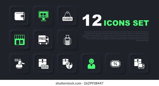 Set Discount percent tag, Delivery cargo truck, Free delivery service, Happy customer, Market store, Item price with dollar, Online shopping on screen and Hot icon. Vector