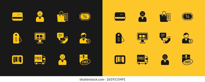 Set Discount percent tag, Free delivery service, Telephone 24 hours support, Happy customer, Online shopping screen, Shopping list, Credit card and Angry icon. Vector