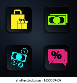Set Discount percent tag, Gift box, Money cash and coin and Stacks paper money cash. Black square button. Vector