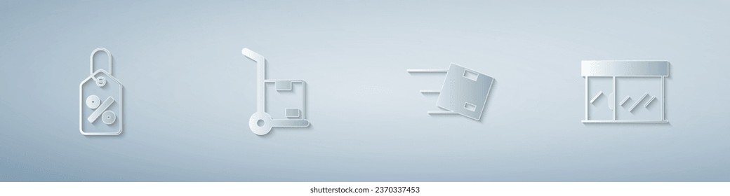 Set Discount percent tag, Hand truck and boxes, Location with cardboard and Market store. Paper art style. Vector